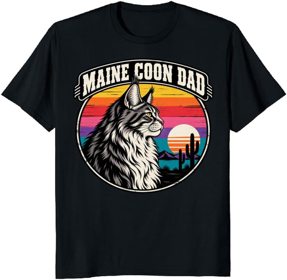 Maine Coon Dad T-Shirt Retro Campsite Lantern Cat Graphic Tee - S7