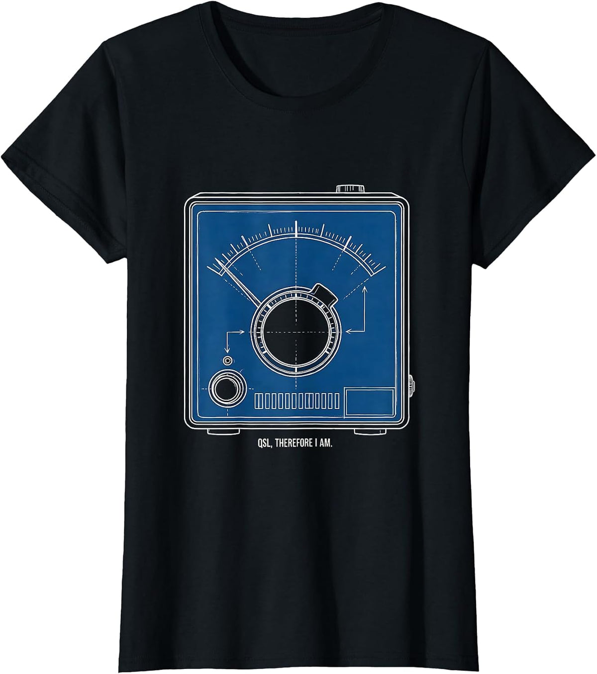 Women's QSL Therefore I Am Technical Blueprint Ham Radio Operator T-Shirt - Black