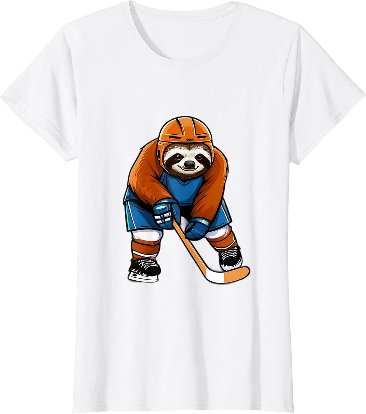 Sloth Playing Hockey Funny Sloth Hockey Player with Stick T-Shirt - White