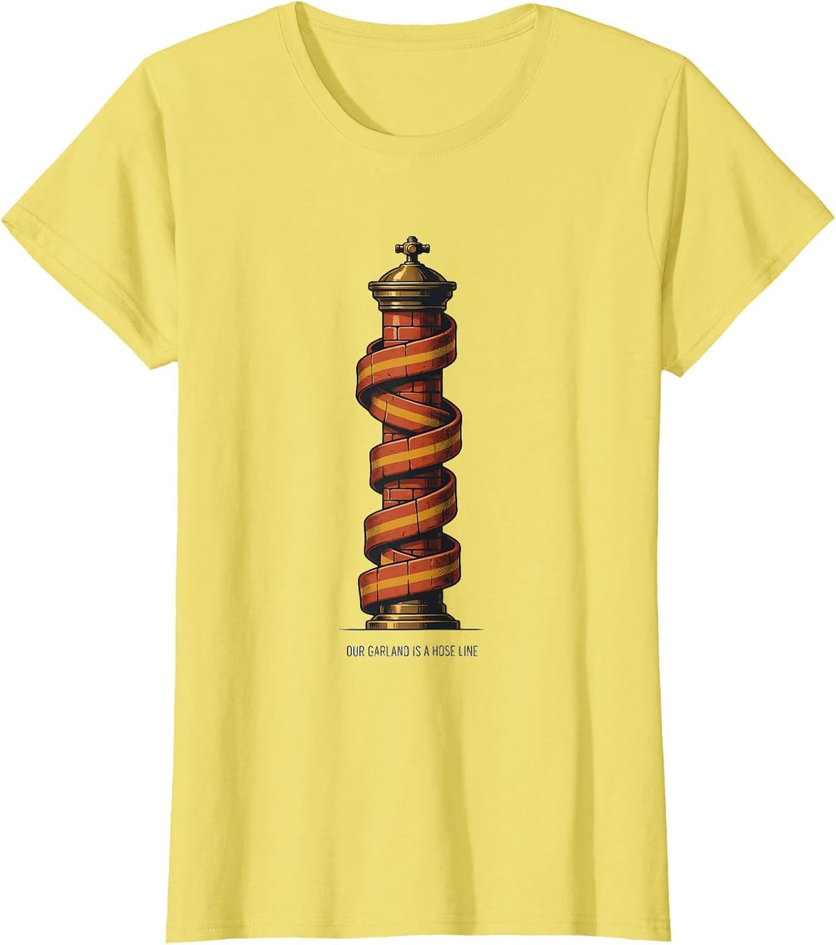 Women's Our Garland Is A Hose Line Midcentury Modern Firefighter T-Shirt - Lemon Yellow