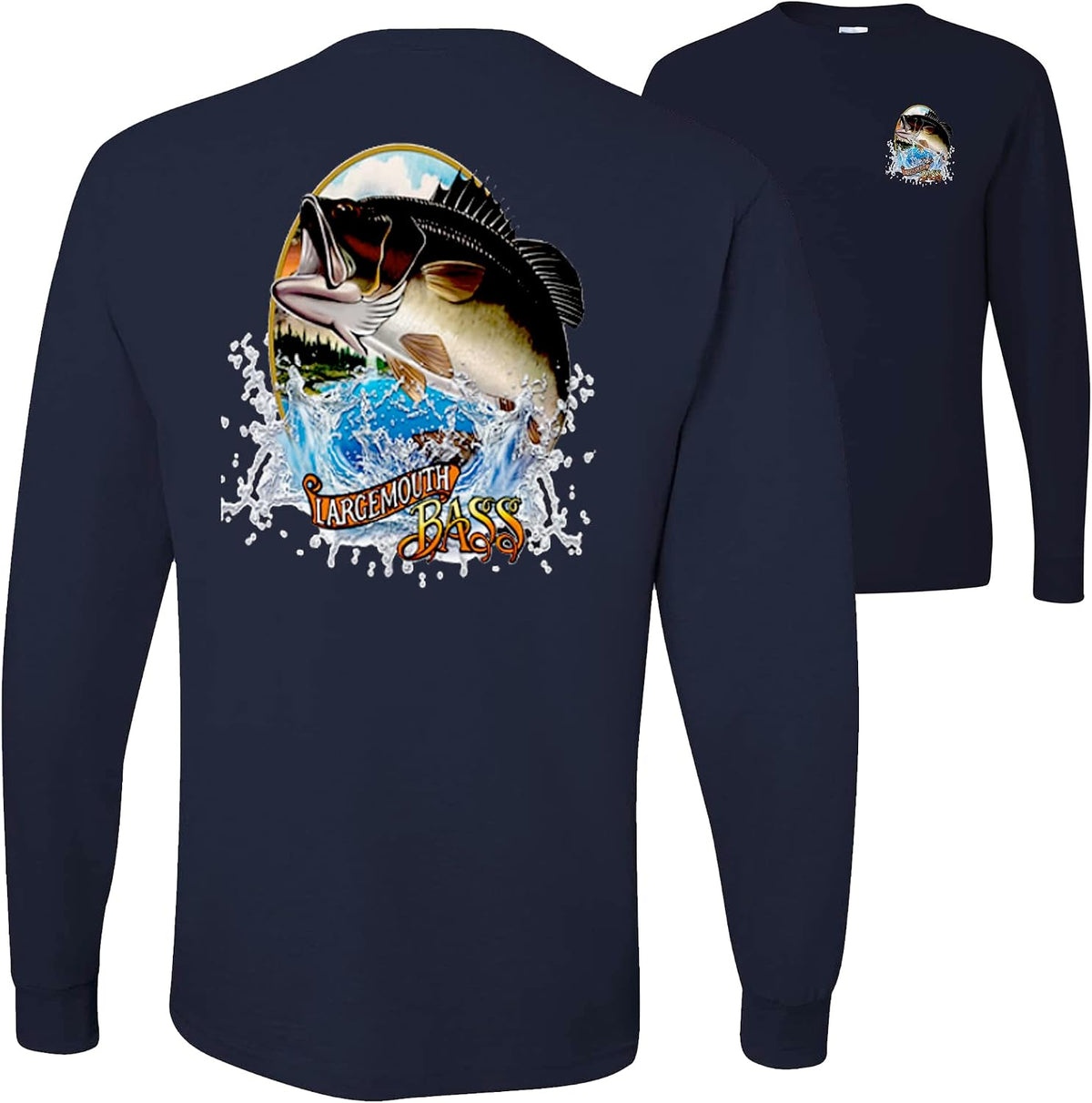 Largemouth Bass Fish Fishling Lovers Front and Back Mens Long Sleeves - Navy Blue