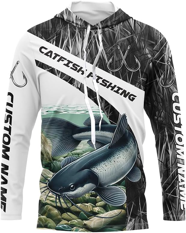 Gray Camo Custom Catfish Fishing Long Sleeve Fishing Shirts, Catfish Fishing Jerseys - Long Sleeves Hooded Upf