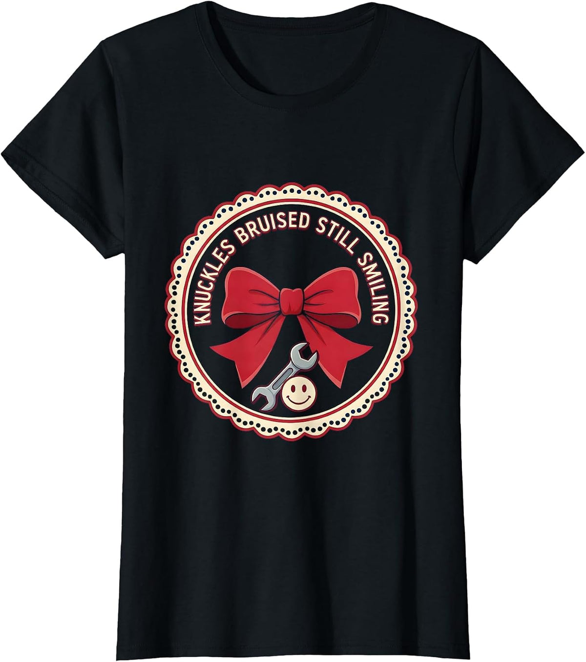 Women's Knuckles Bruised Still Smiling Mechanic Design T-Shirt - Black