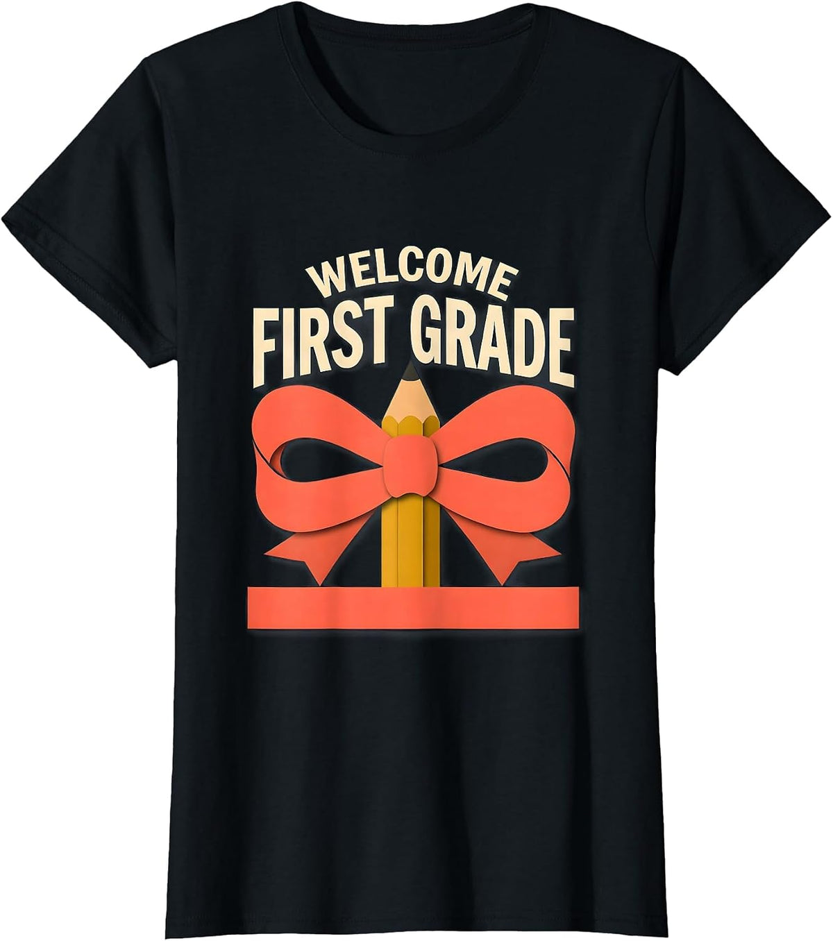 Women's Welcome, First Grade Cute Coquette Bow Back to School Pencil T-Shirt - Black