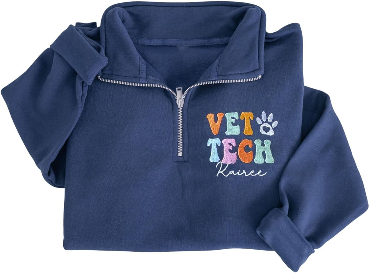 Custom Vet Tech Quarter Zip Sweatshirt, Personalized Embroidered Sweater for Veterinarian, Pet Clinic Team Uniform - Vet