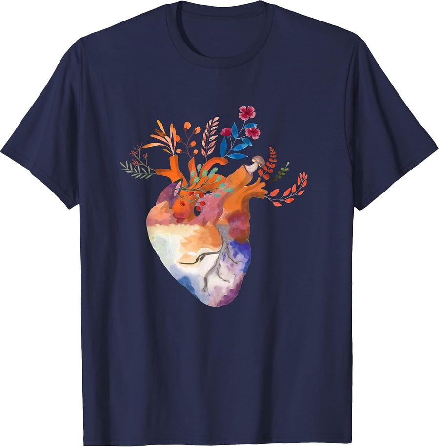 Anatomical Floral Heart Cardiology Medical Cardiac Nurse T-Shirt - Navy Blue