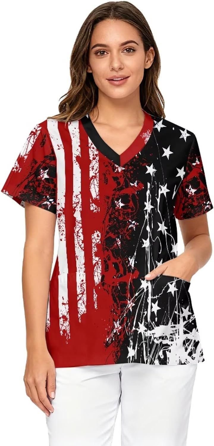 PinUp Angel Unique Graphic Scrub Tops Women's V-Neck Short Sleeve Workwear for Nursing and Clinical Tasks - Black Red Flag