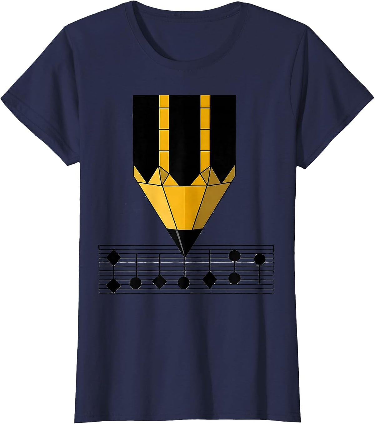 Women's Music Teacher Pencil Writing Notes on Staff Paper T-Shirt - Navy Blue