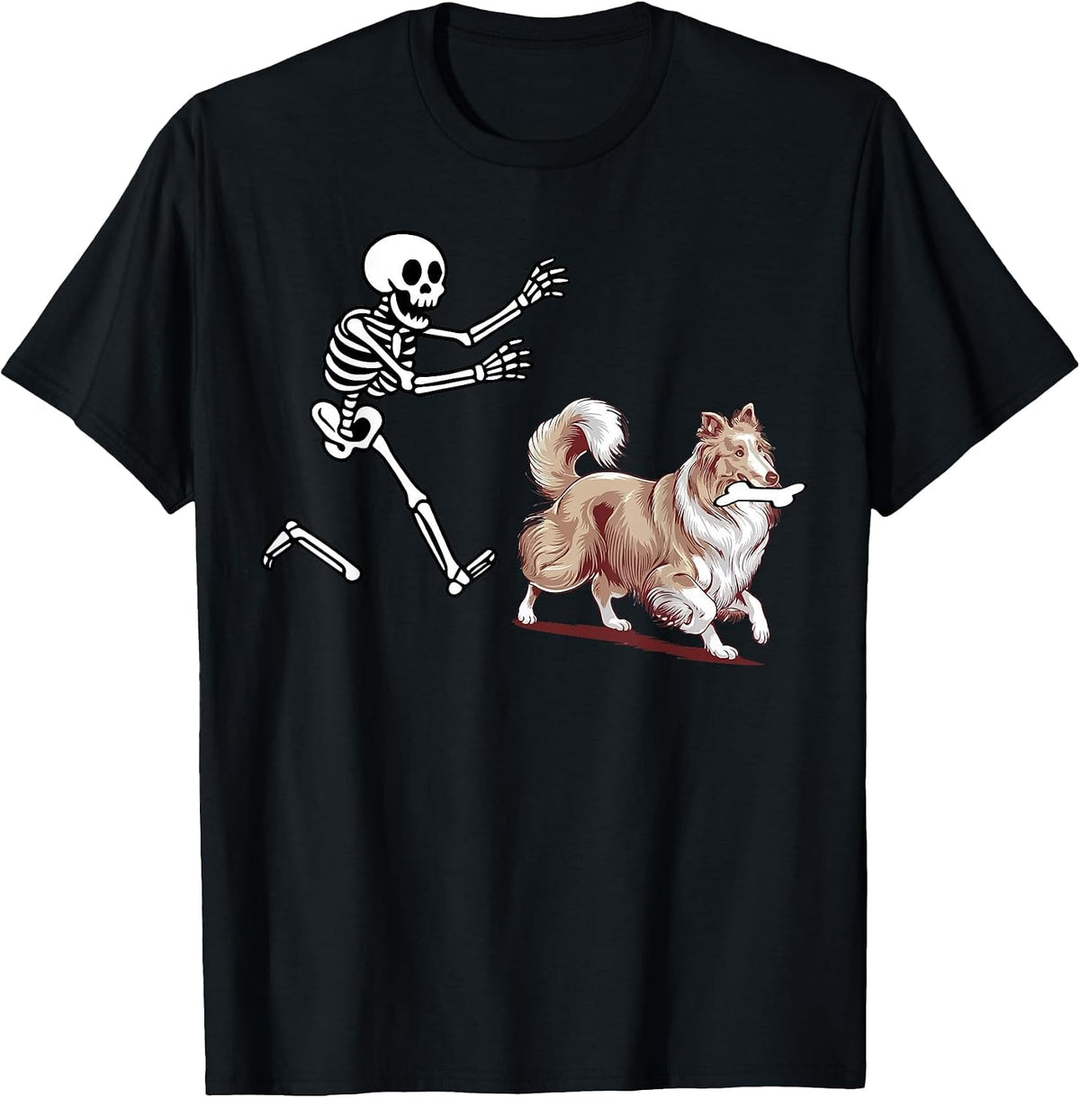Funny Sheltie Running Skeleton Halloween T-Shirt - Black