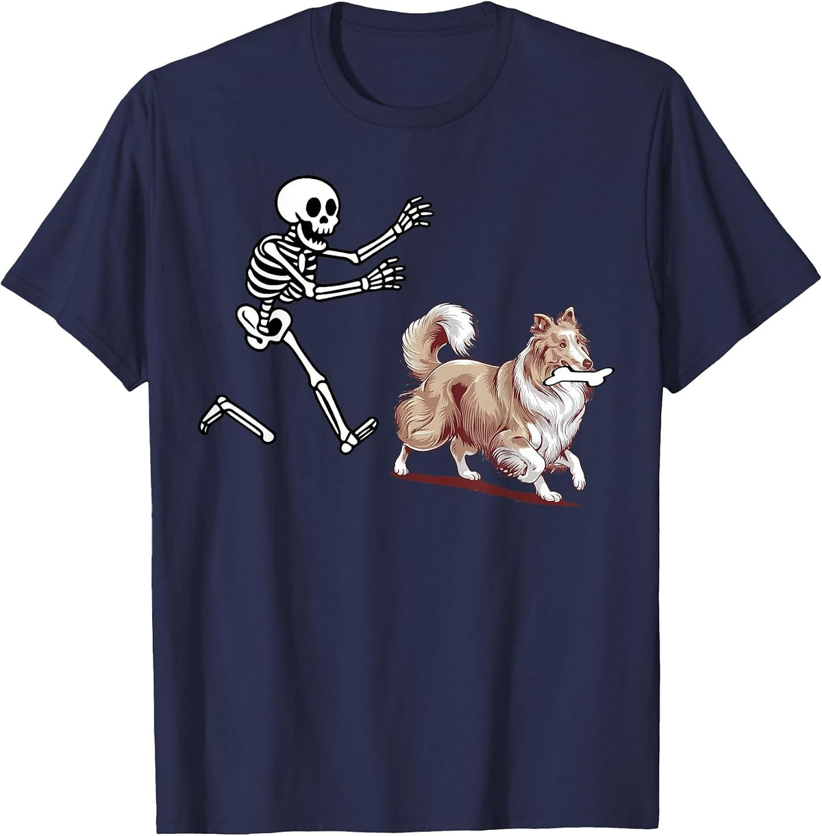 Funny Sheltie Running Skeleton Halloween T-Shirt - Navy Blue
