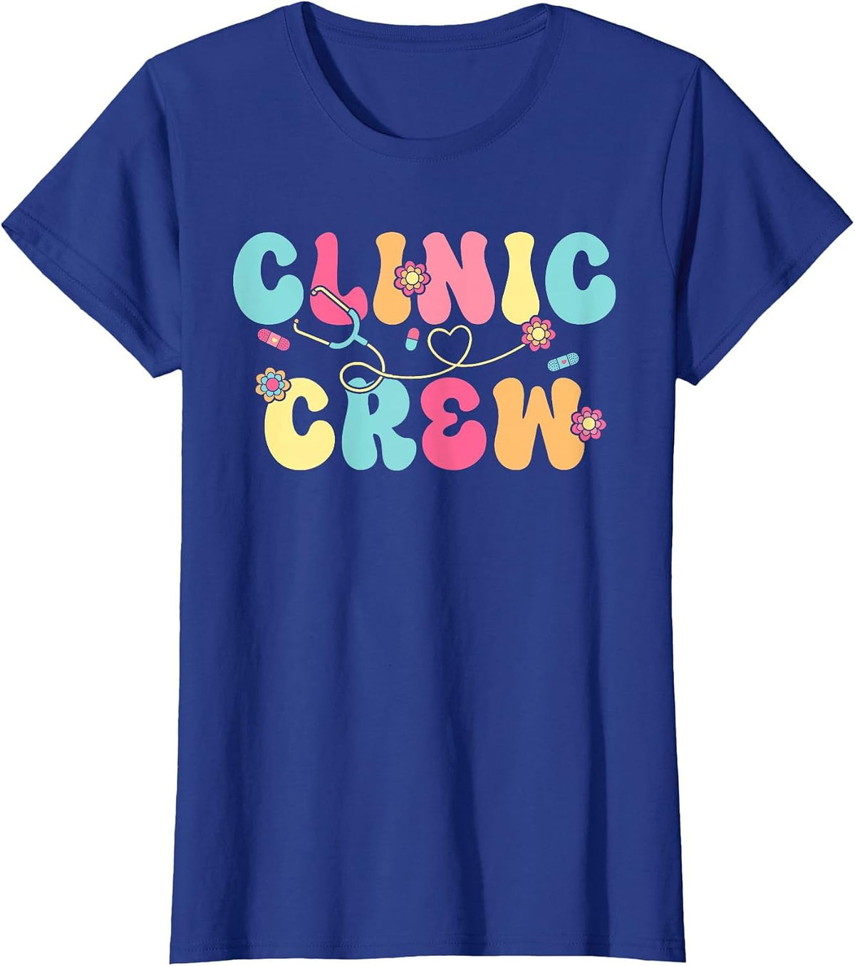 Clinic Crew for School Nurse Groovy (On Back) T-Shirt - Royal Blue