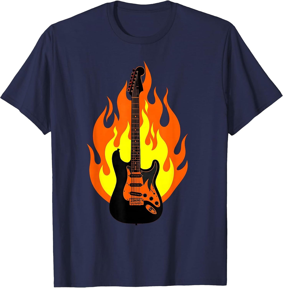Men's Flaming Electric Guitar Classic Rock Illustration T-Shirt - Navy Blue