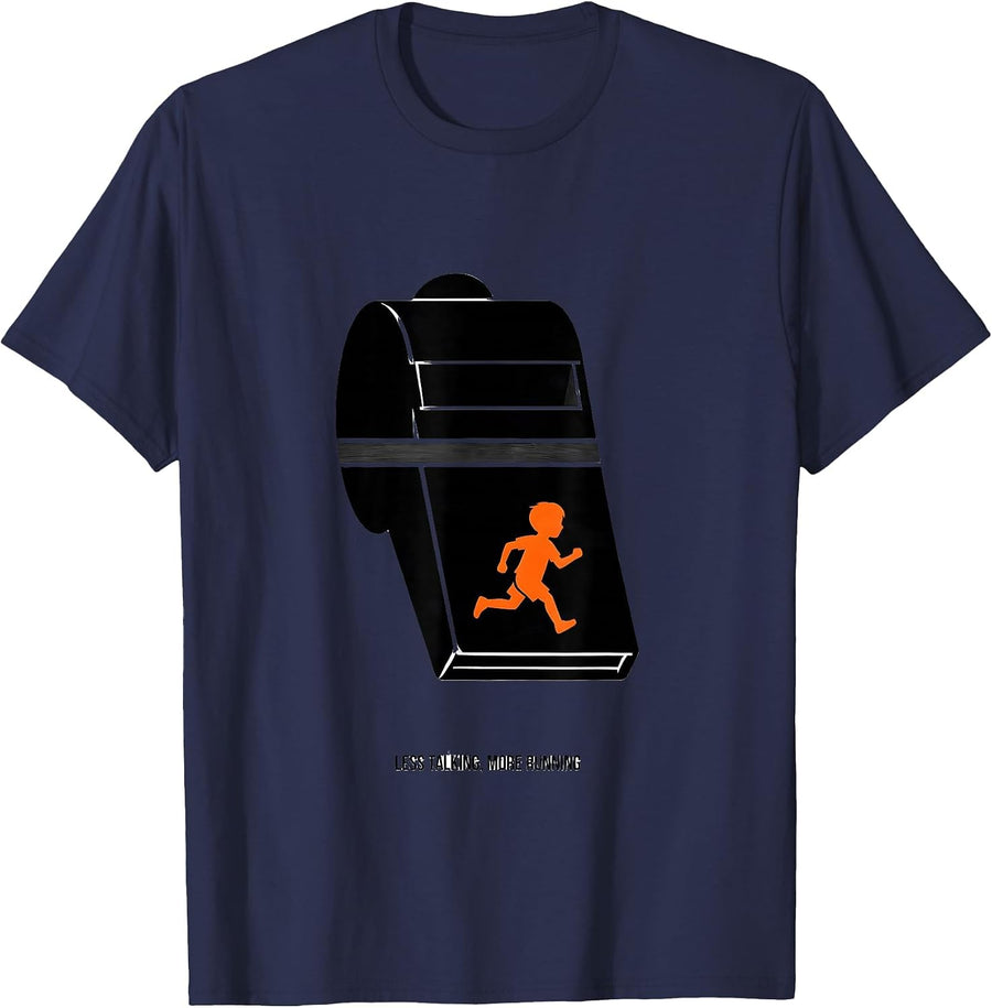 Less Talking More Running Minimalist PE Teacher Back T-Shirt - Navy Blue