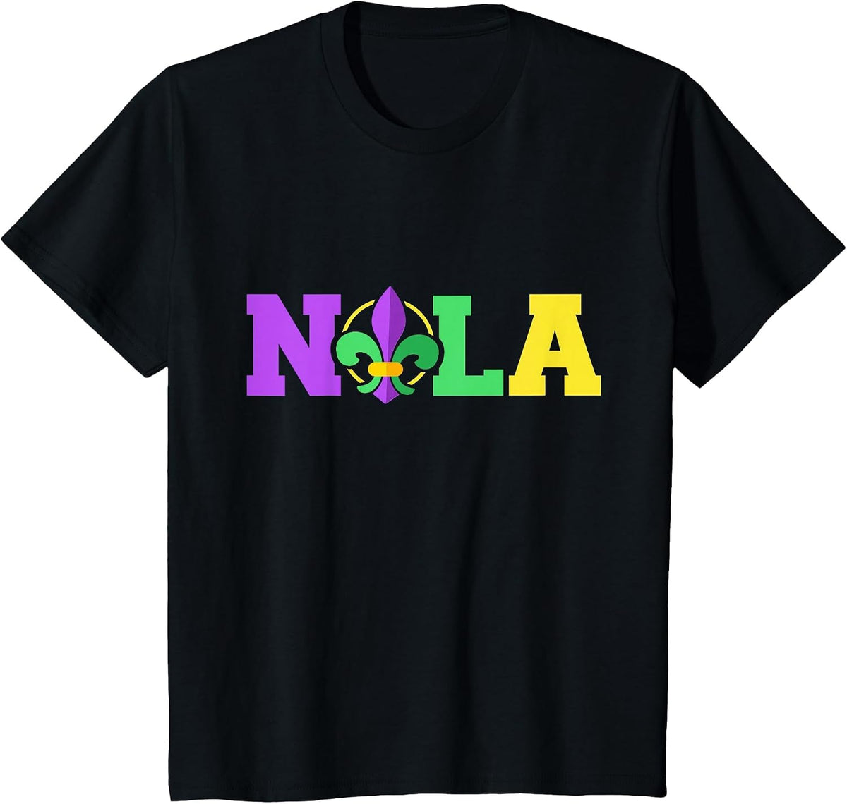 New Orleans Nola in Mardi Gras Colors and Fleur de lis T-Shirt - Black