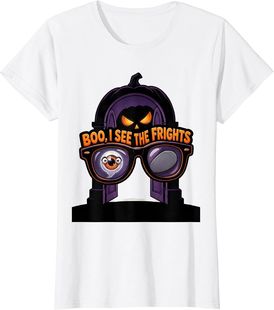 Women's Boo I See The Frights Cartoon Halloween Optometrist Eye T-Shirt - White