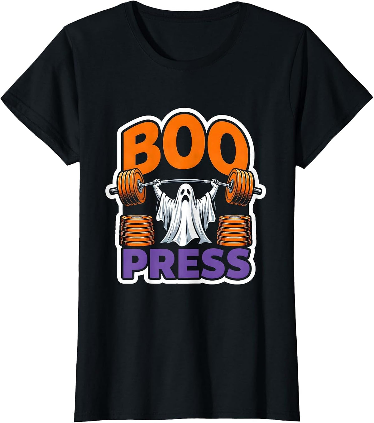 Women's Boo Press Funny Ghost Weight Lifting Gym Workout Halloween T-Shirt - Black