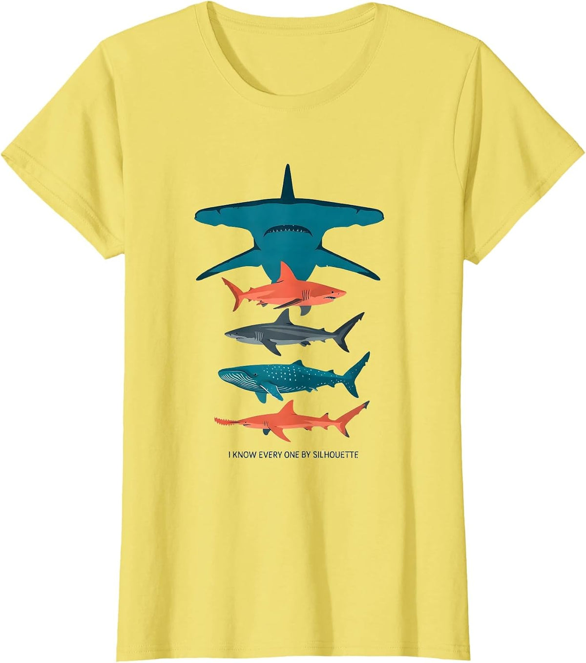 I Know Every One By Silhouette Funny Shark Species Ocean T-Shirt - Lemon Yellow