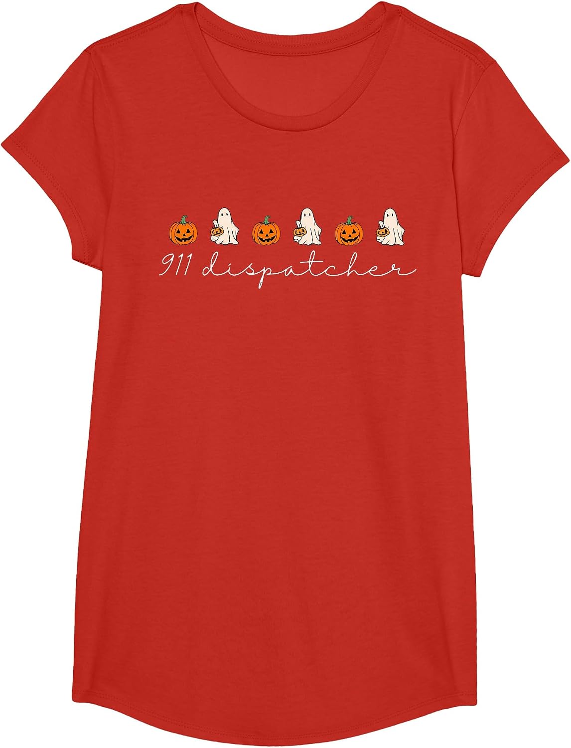911 Dispatcher Pumpkin Spooky Ghost Halloween Dispatch T-Shirt - Girls Red