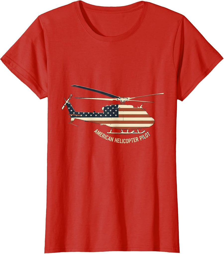 Women's American Helicopter Pilot Patriotic Military Veteran Gift T-Shirt - Red