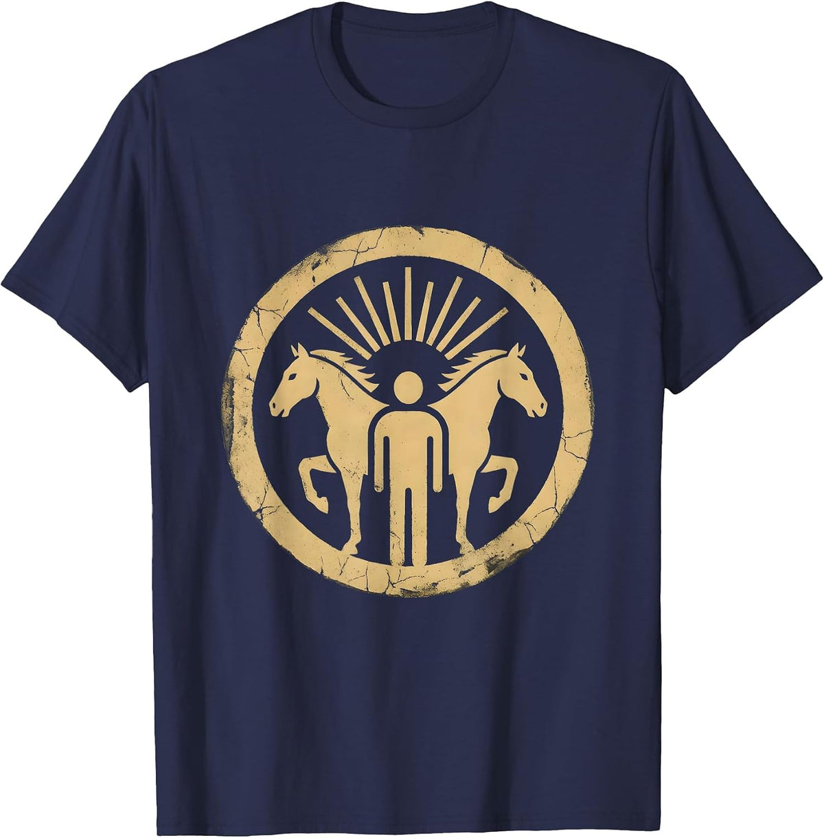 Two Horses and Rider at Sunset Illustration T-Shirt - Navy Blue