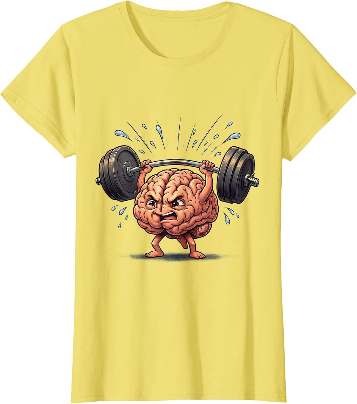 Women's Brain Lifting Weights Mental Health Graphic Tee T-Shirt - Lemon Yellow
