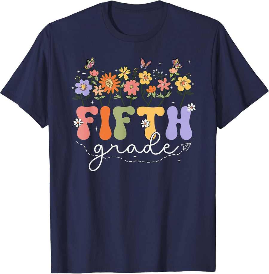 5th Fifth Grade Teacher Wildflower Back to School Floral T-Shirt - Navy Blue