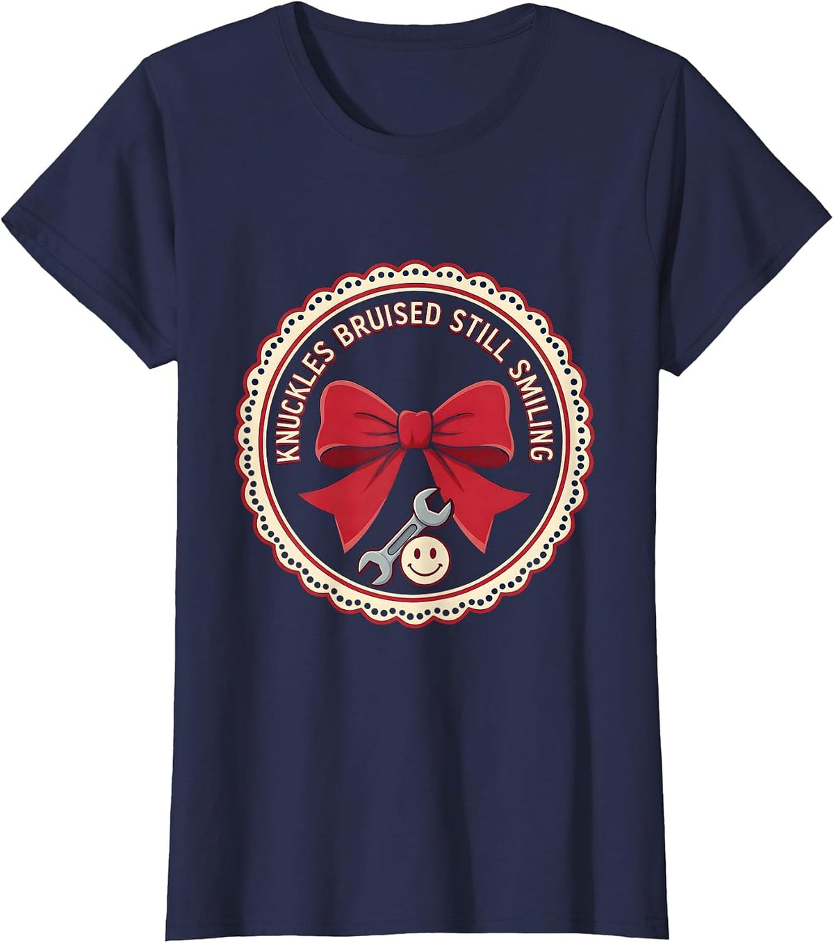 Women's Knuckles Bruised Still Smiling Mechanic Design T-Shirt - Navy Blue