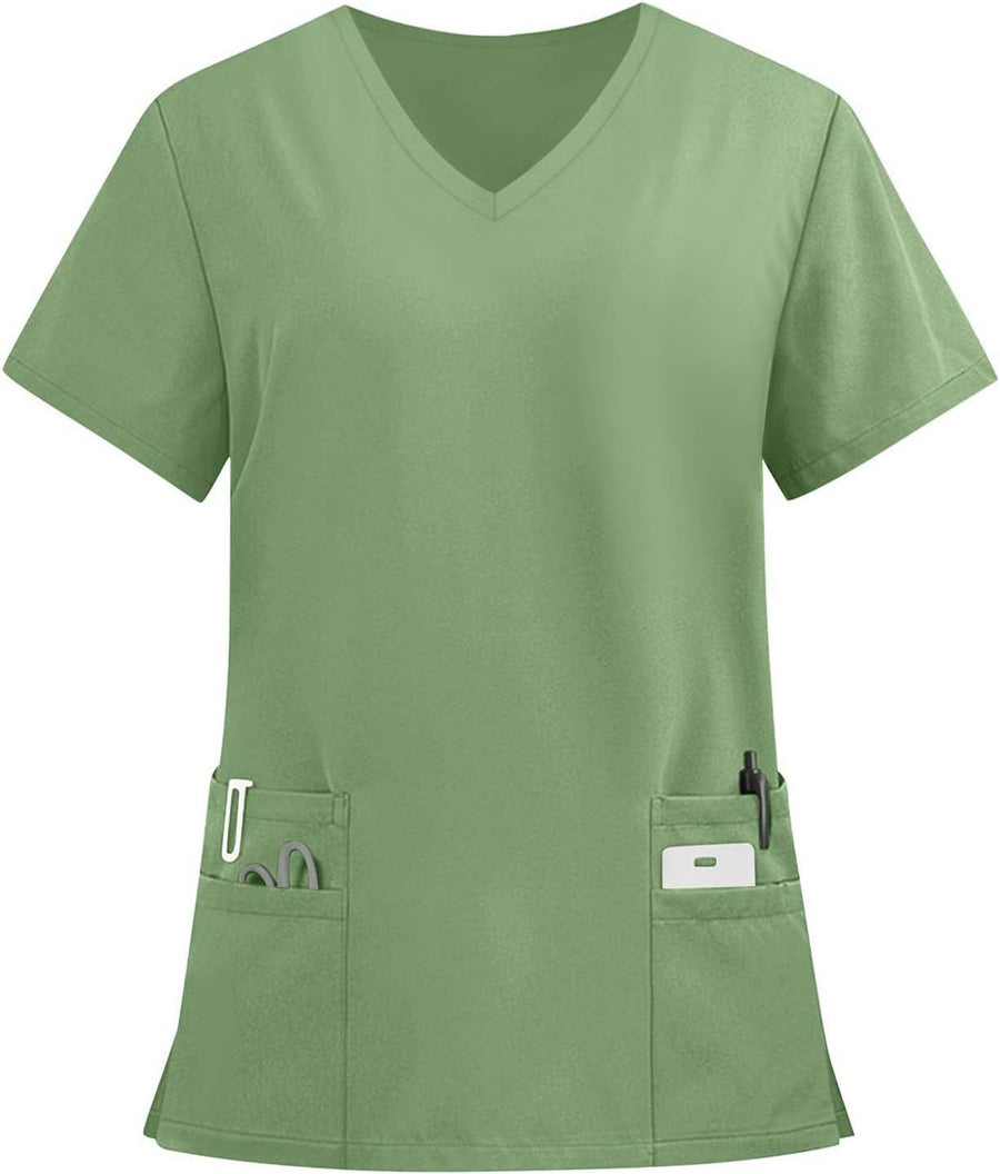 Scrubs for Women Mock Wrap 4 Pockets V Neck Nurse Shirt - 01-green