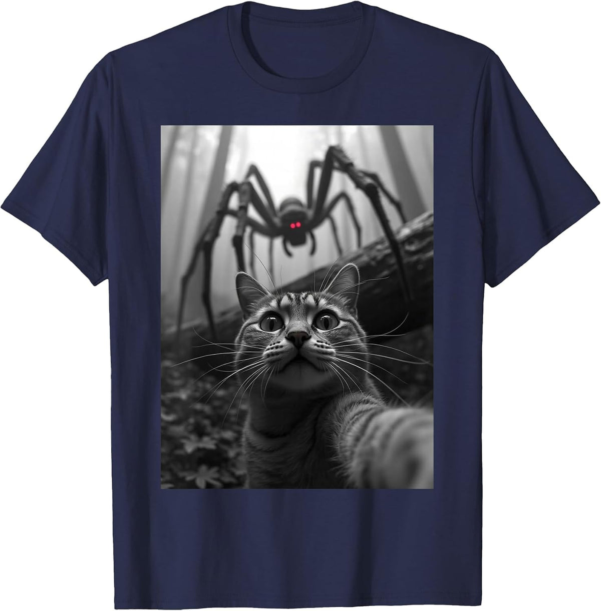Cat Selfie with Spider T-Shirt - Navy Blue