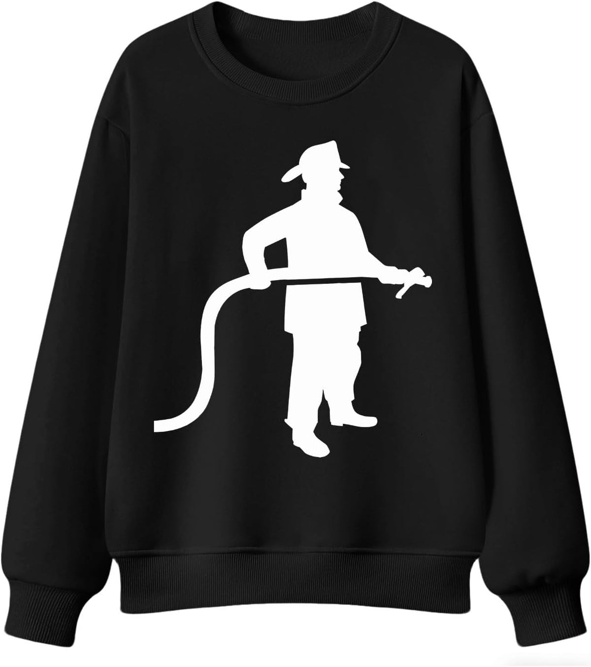 Men's Crewneck Sweatshirt,Fireman Firefighter with Hose Silhouette - Fireman Firefighter With Hose Silhouette