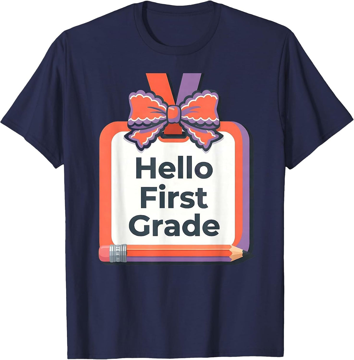 Hello First Grade Cute Coquette Bow Back To School Pencil T-Shirt - Navy Blue