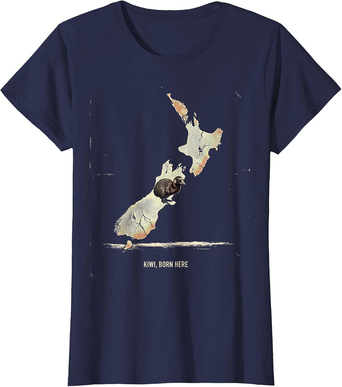 Women's Kiwi Born Here Distressed New Zealand Map Bird Lover Gift T-Shirt - Navy Blue