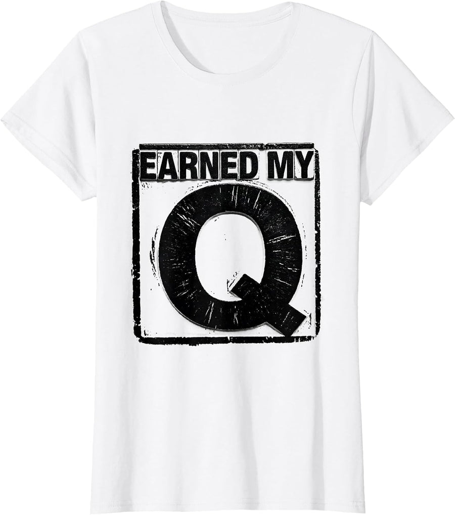 Women's Earned My Q Varsity Initial Monogram Alphabet Rubber Stamp T-Shirt - White