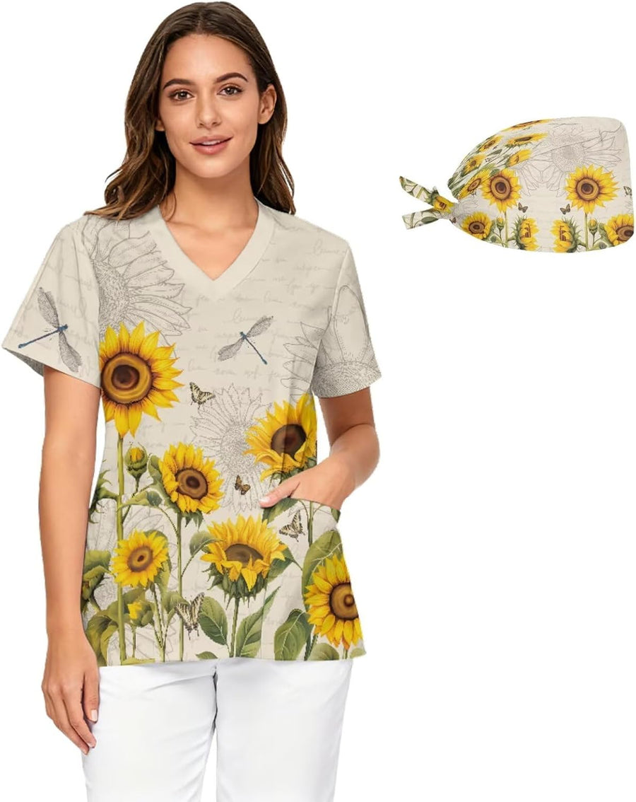 2pcs Women's Scrubs Set with Scrub Cap Quick Dry Nurse Uniform with 2 Pockets Soft V Neck Tops S-5xl - Sunfloral Print
