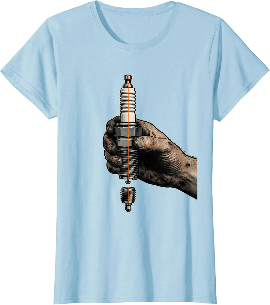 Women's Mechanic Grease Hand Spark Plug Graphic Tee T-Shirt - Baby Blue
