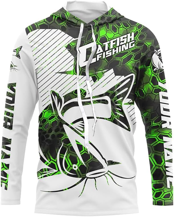 Custom Catfish Long Sleeve Tournament Fishing Shirts, Catfish Fishing Jerseys | Green Camo - Long Sleeves Hooded Upf