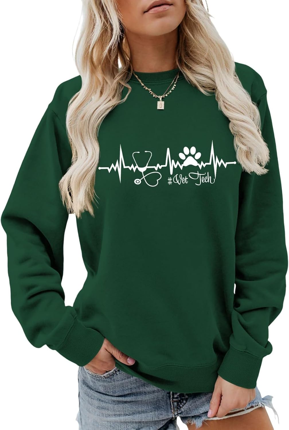 Veterinary Technician Sweatshirt for Women Vet Tech Crewneck Pullover for Veterinary Student Long Sleeve Shirts - Dark Green