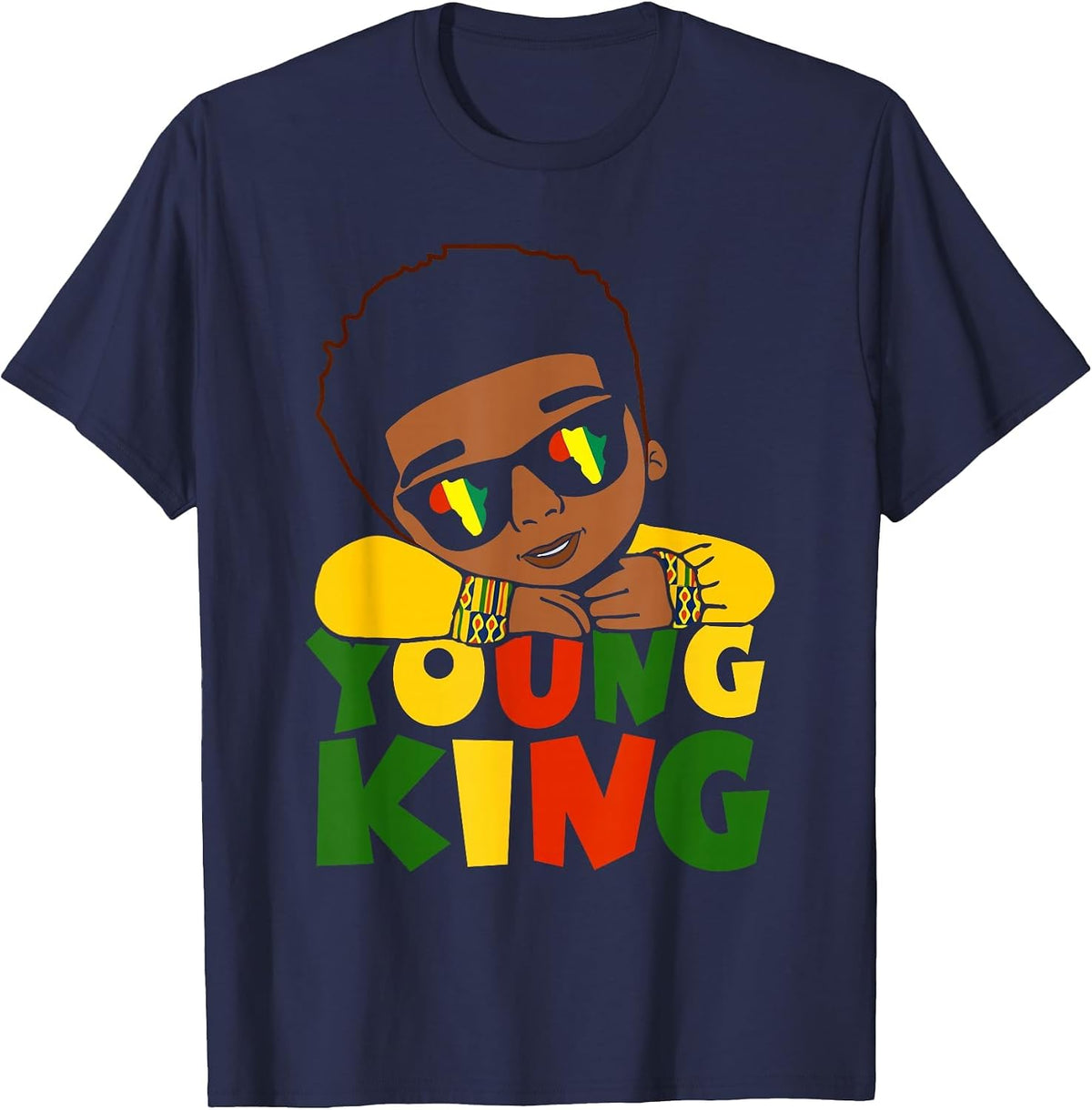 Black Young King Black History Month Kids Afro Boys Men T-Shirt - Navy Blue