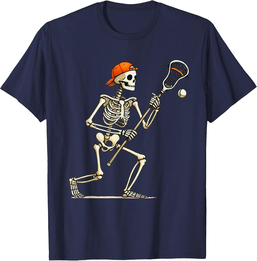 Skeleton Lacrosse Halloween Costume Funny Men Boys Kids T-Shirt - Navy Blue
