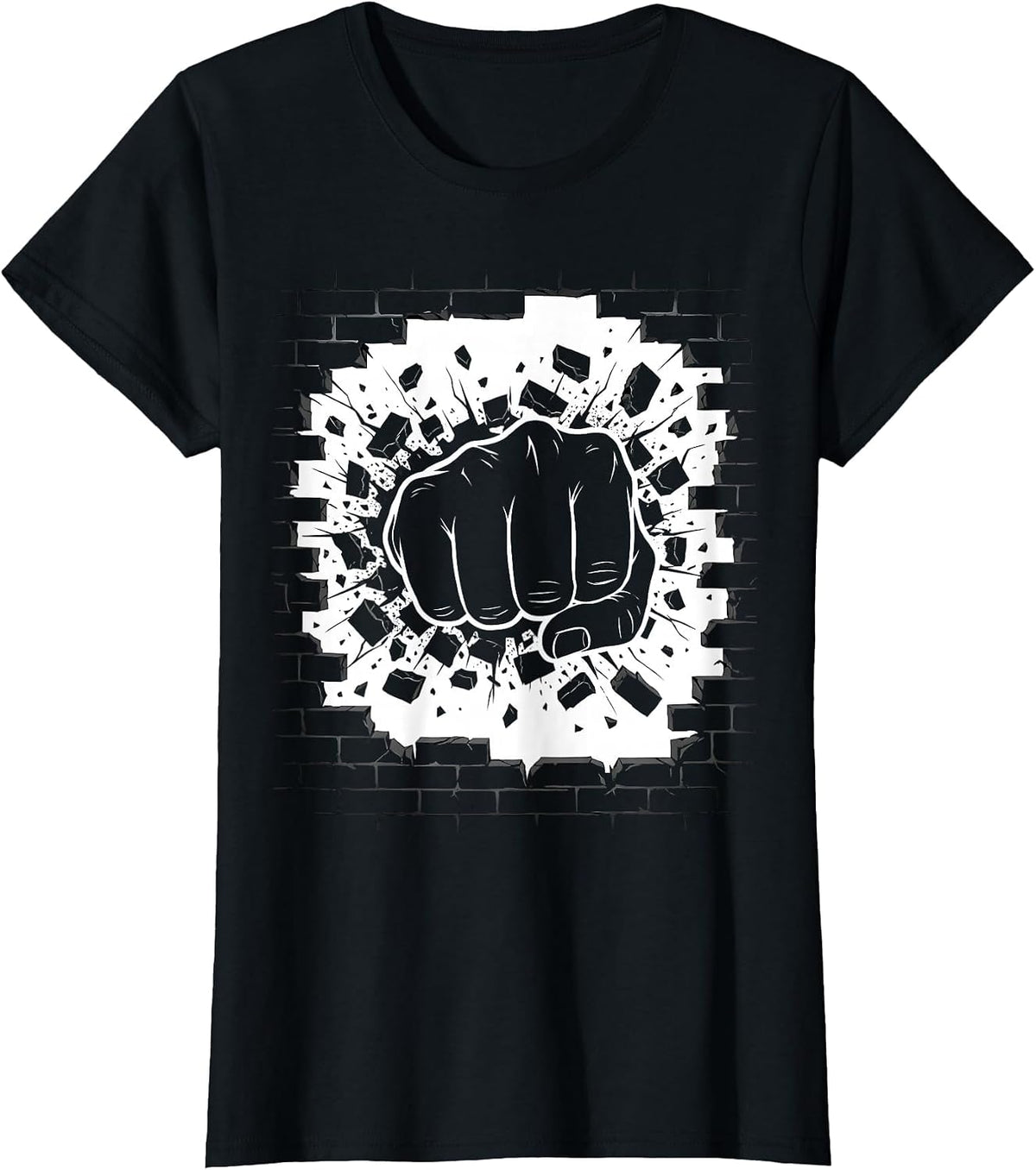 Punk Fist Burst Through Brick Wall Graphic T-Shirt - Black