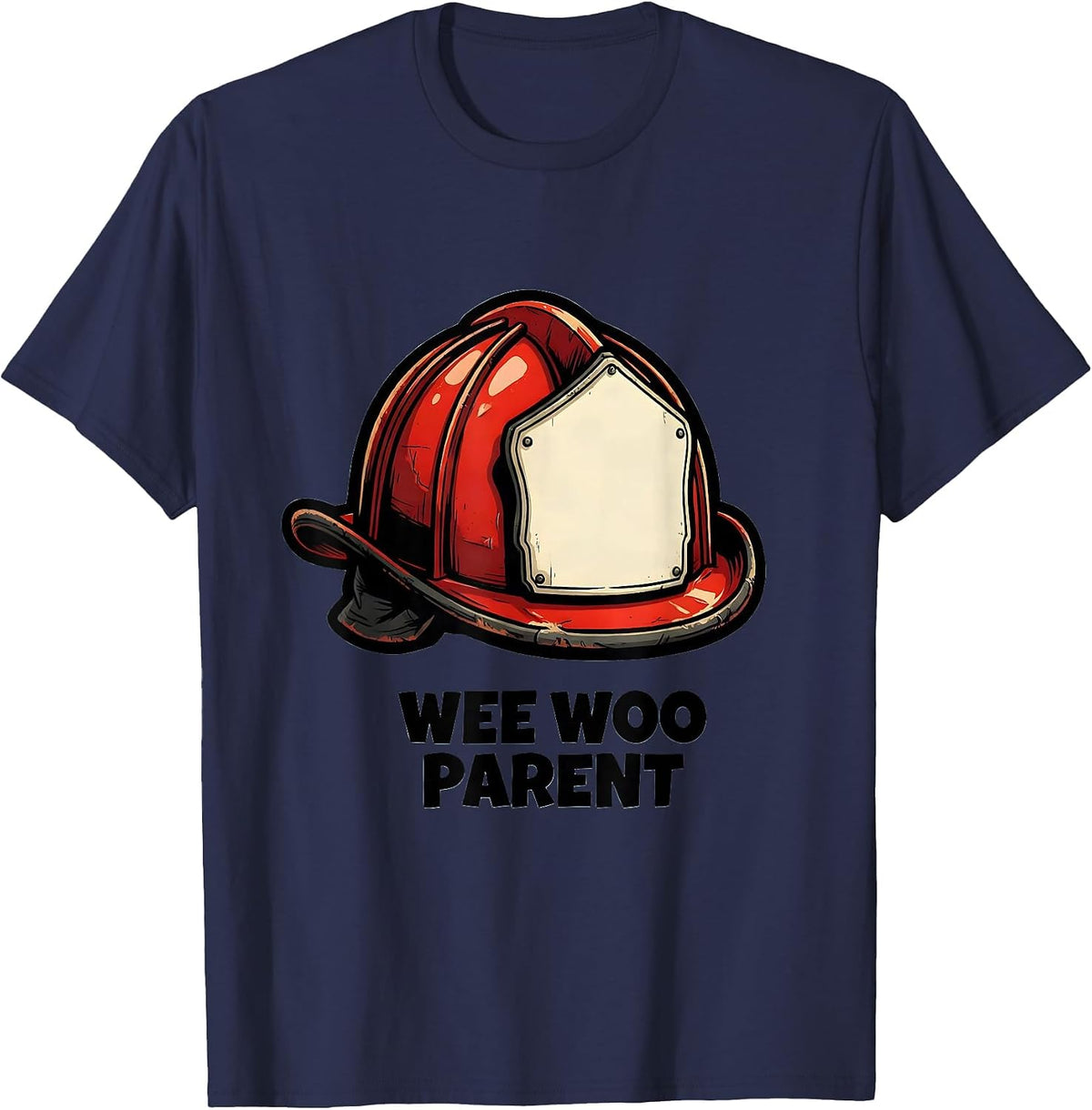 Wee Woo Parent Cartoon Firefighter Helmet Family Humor T-Shirt - Navy Blue