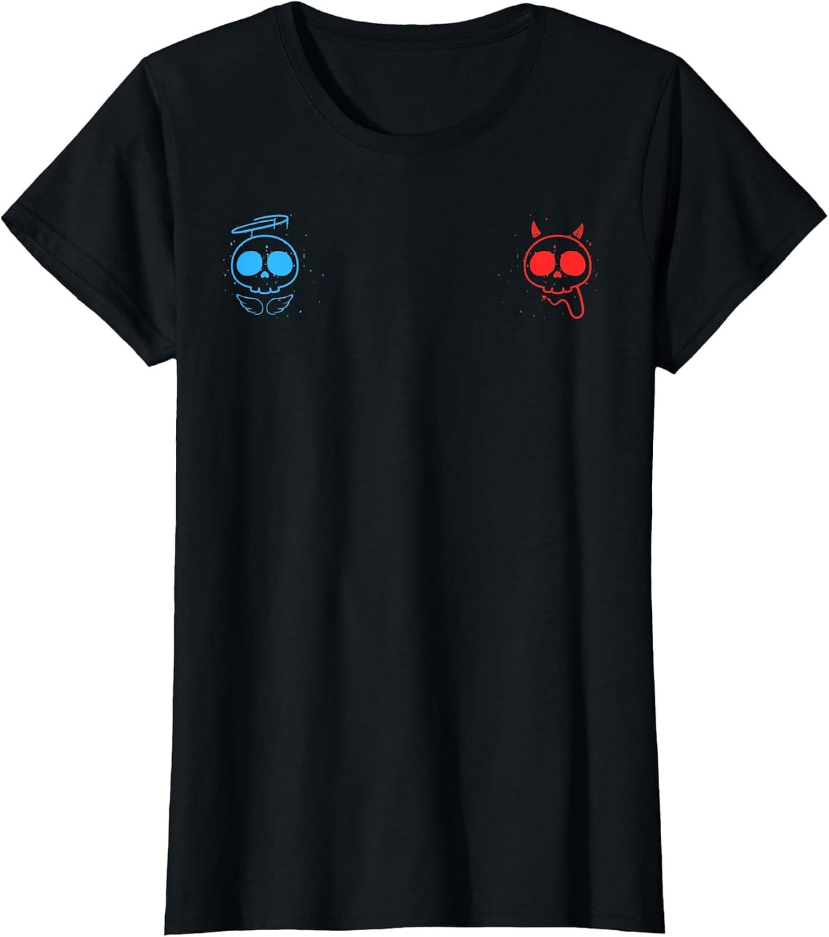 Good and Evil Angel Devil Skull Shoulder Temptation Struggle T-Shirt - Black