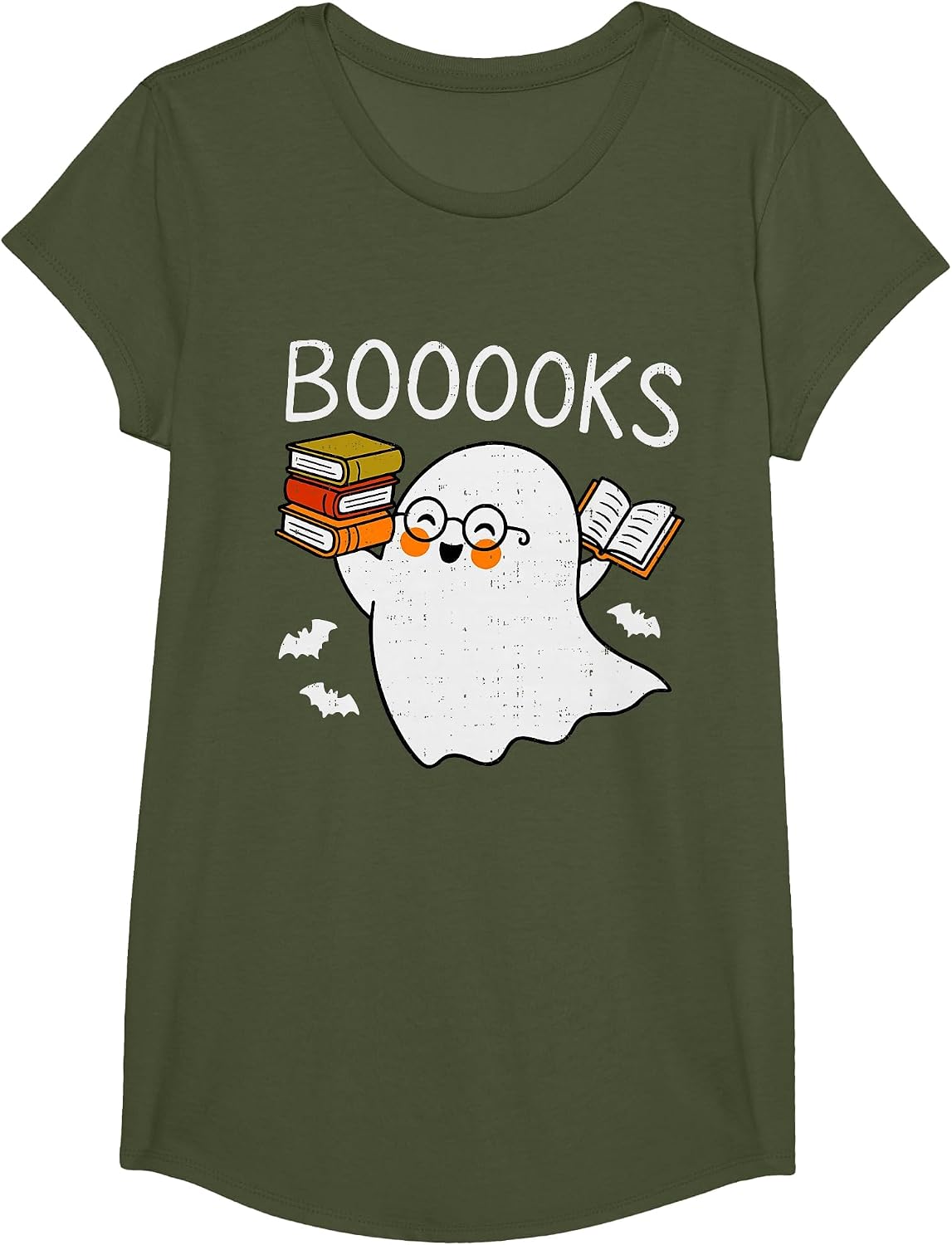 Booooks Ghost Reading Halloween Library Librarian Teacher T-Shirt - Girls Olive Green