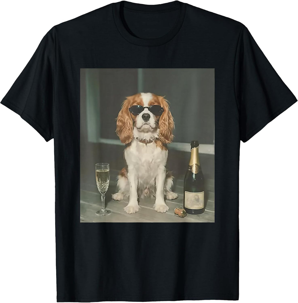 Cavalier King Charles Drinking Champagne T-Shirt - Black