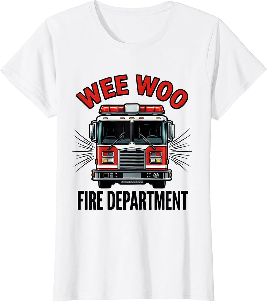 Women's Wee Woo Fire Department Funny Firefighter Badge Fire Truck T-Shirt - White