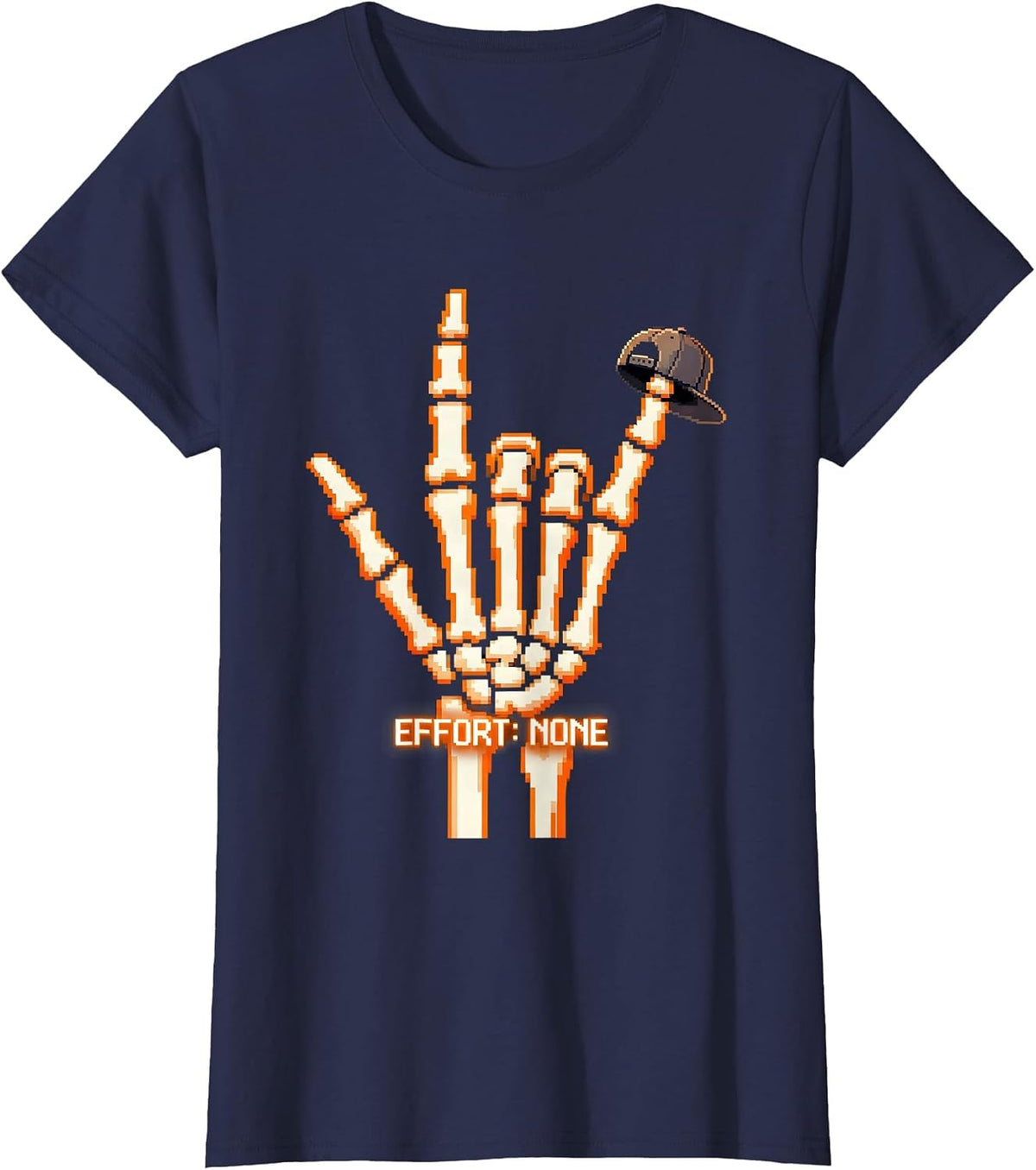Women's Effort: None Pixel Art Skeleton Rock On Halloween Humor T-Shirt - Navy Blue