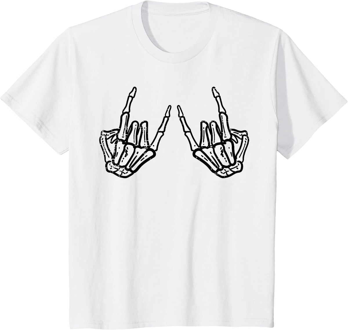 Rocker Hand Sign Rock Skeleton Retro Halloween Men Women T-Shirt - White