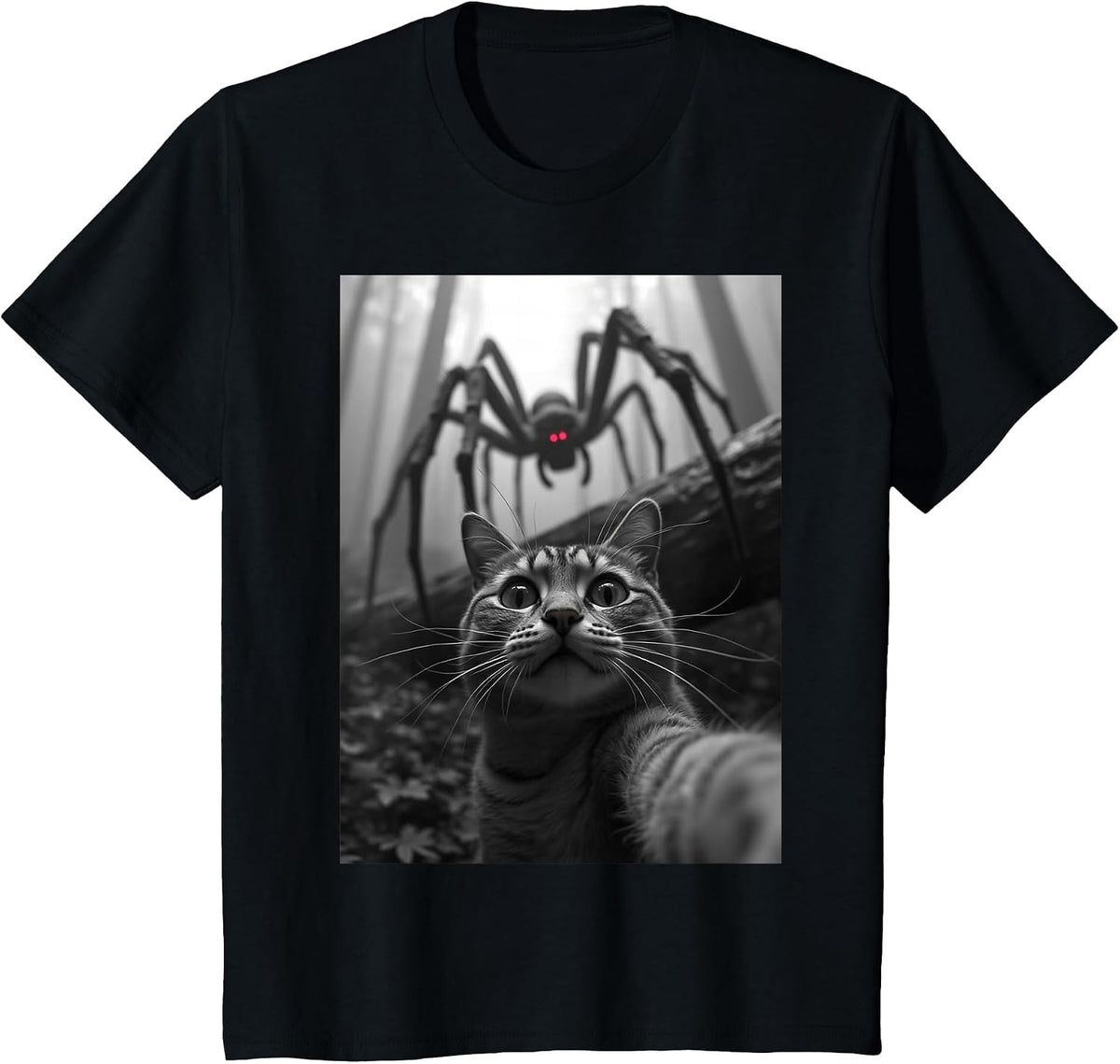 Cat Selfie with Spider T-Shirt - Black