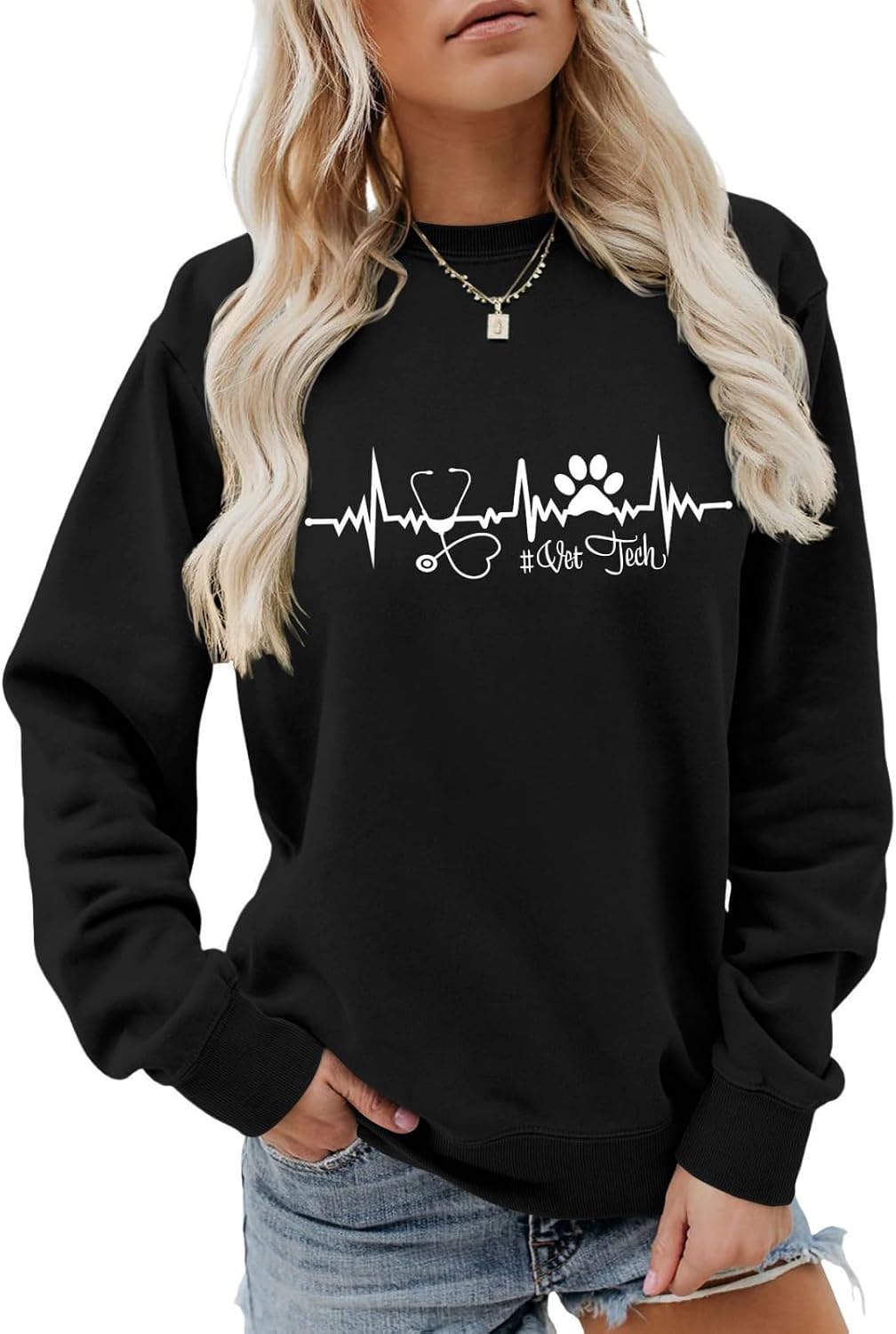 Veterinary Technician Sweatshirt for Women Vet Tech Crewneck Pullover for Veterinary Student Long Sleeve Shirts - Black