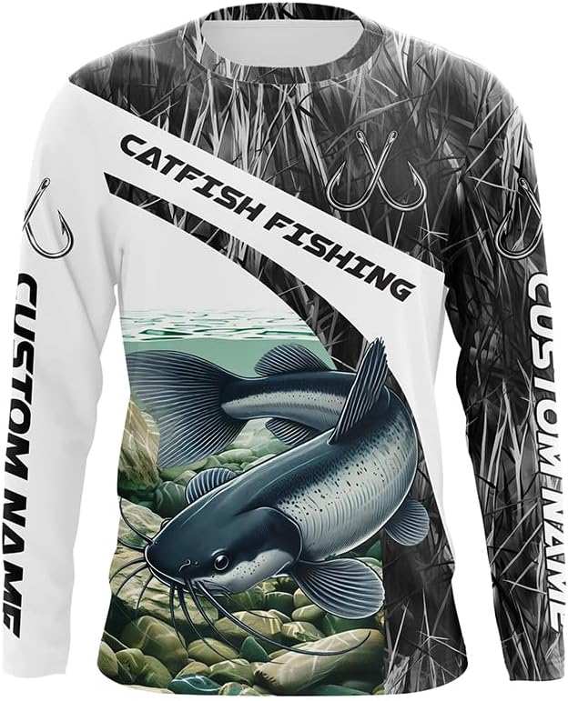 Gray Camo Custom Catfish Fishing Long Sleeve Fishing Shirts, Catfish Fishing Jerseys - Long Sleeves Upf